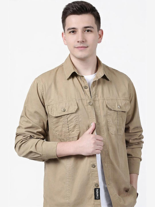 Men’s Khaki Utility Casual Shirt – Premium Full Sleeve Relaxed Fit Shirt