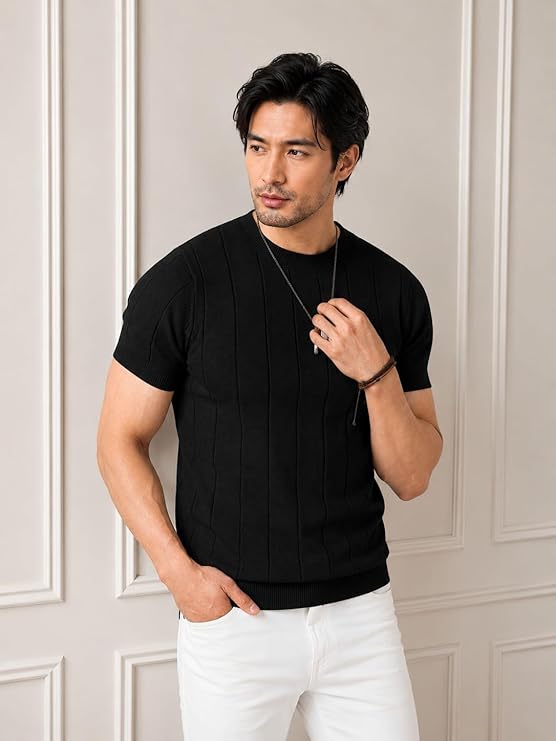 Men's Black Textured Knitted T-Shirt