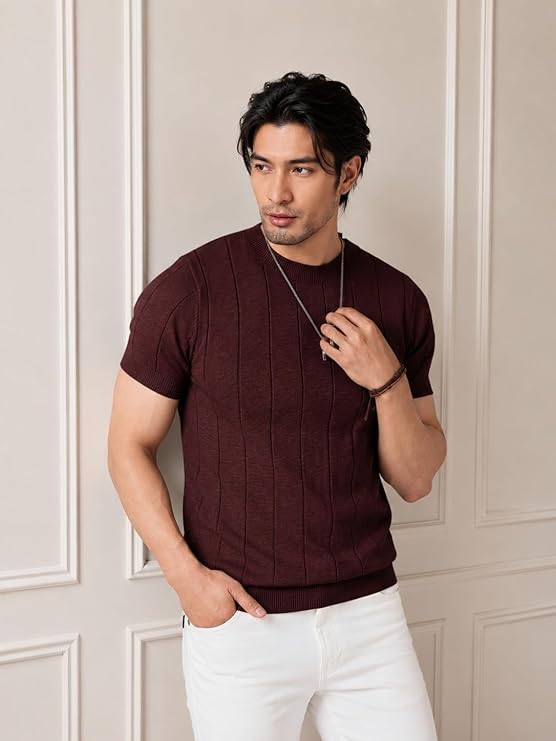 Men's Brown Textured Knitted T-Shirt