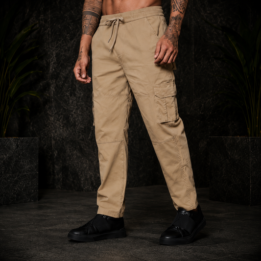 Men’s Beige Utility Cargo Pants – Relaxed Fit Streetwear Trousers
