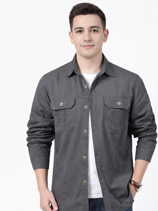 Men’s Dark Grey Utility Casual Shirt – Premium Full Sleeve Relaxed Fit Shirt