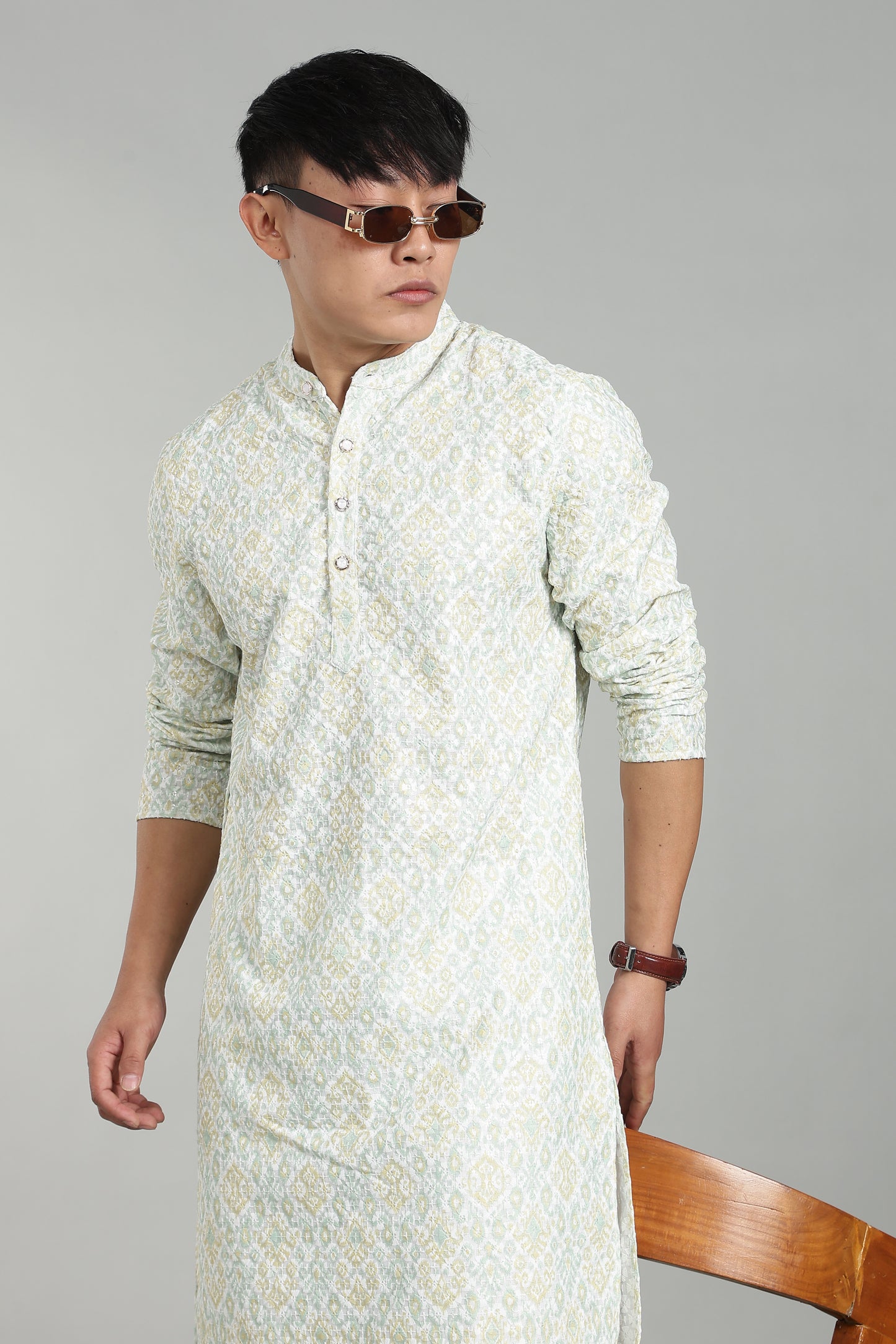 Men’s Yellow Ethnic Printed Textured Kurta