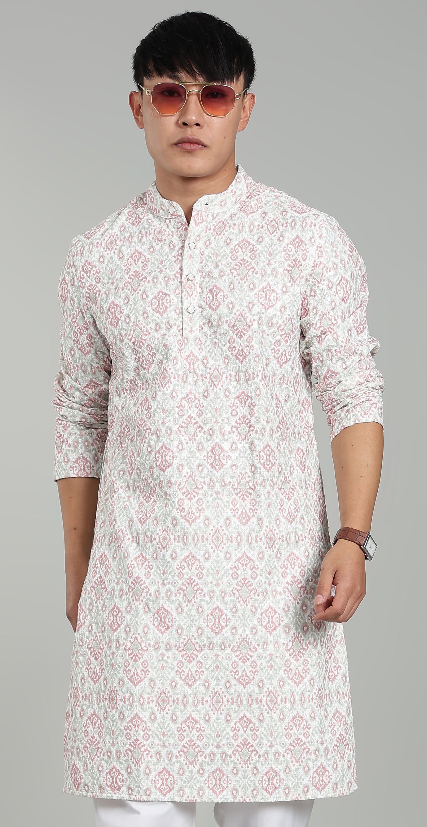 Men’s Rani Pink Ethnic Printed Textured Kurta