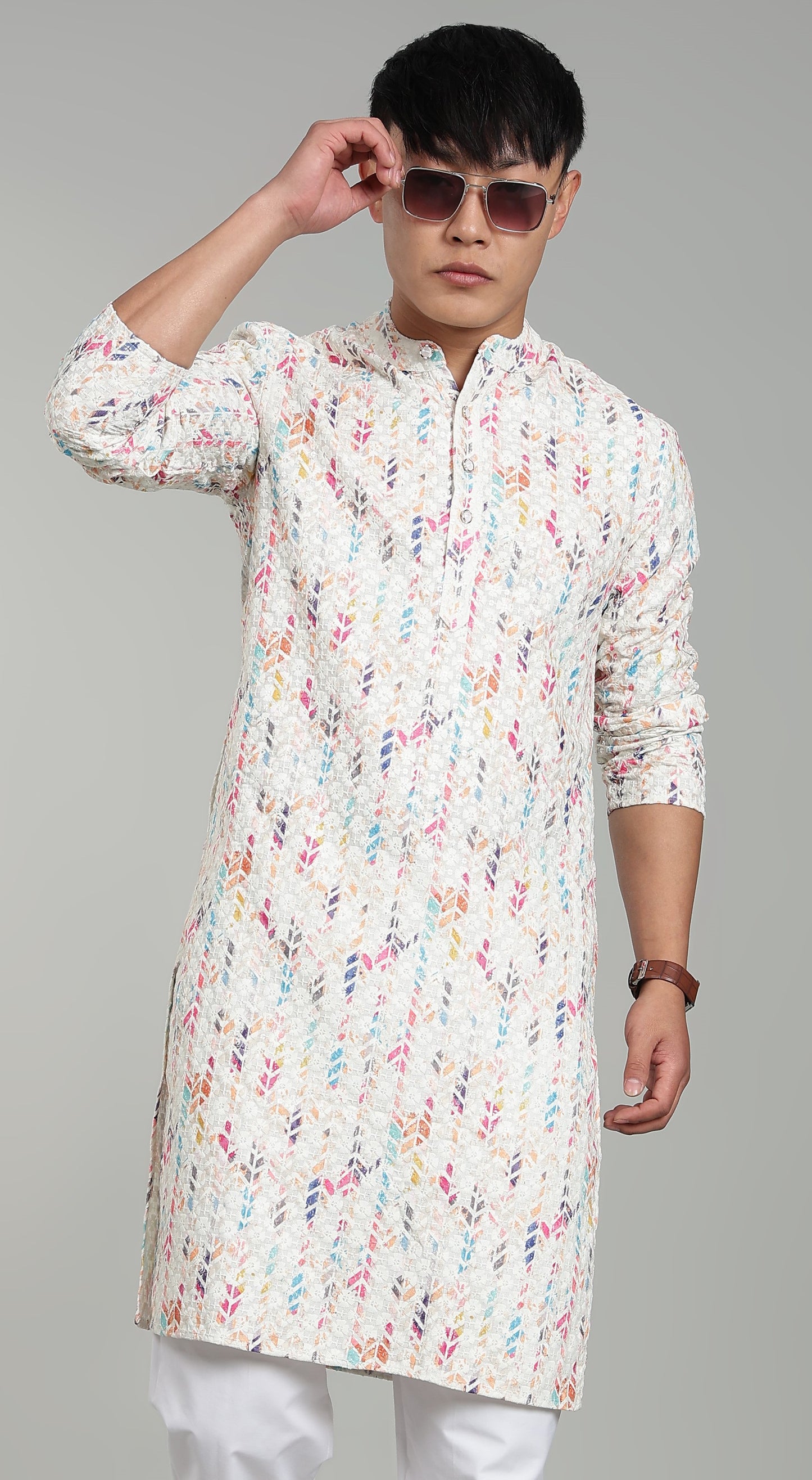 Men’s Multicolour Printed Textured Kurta