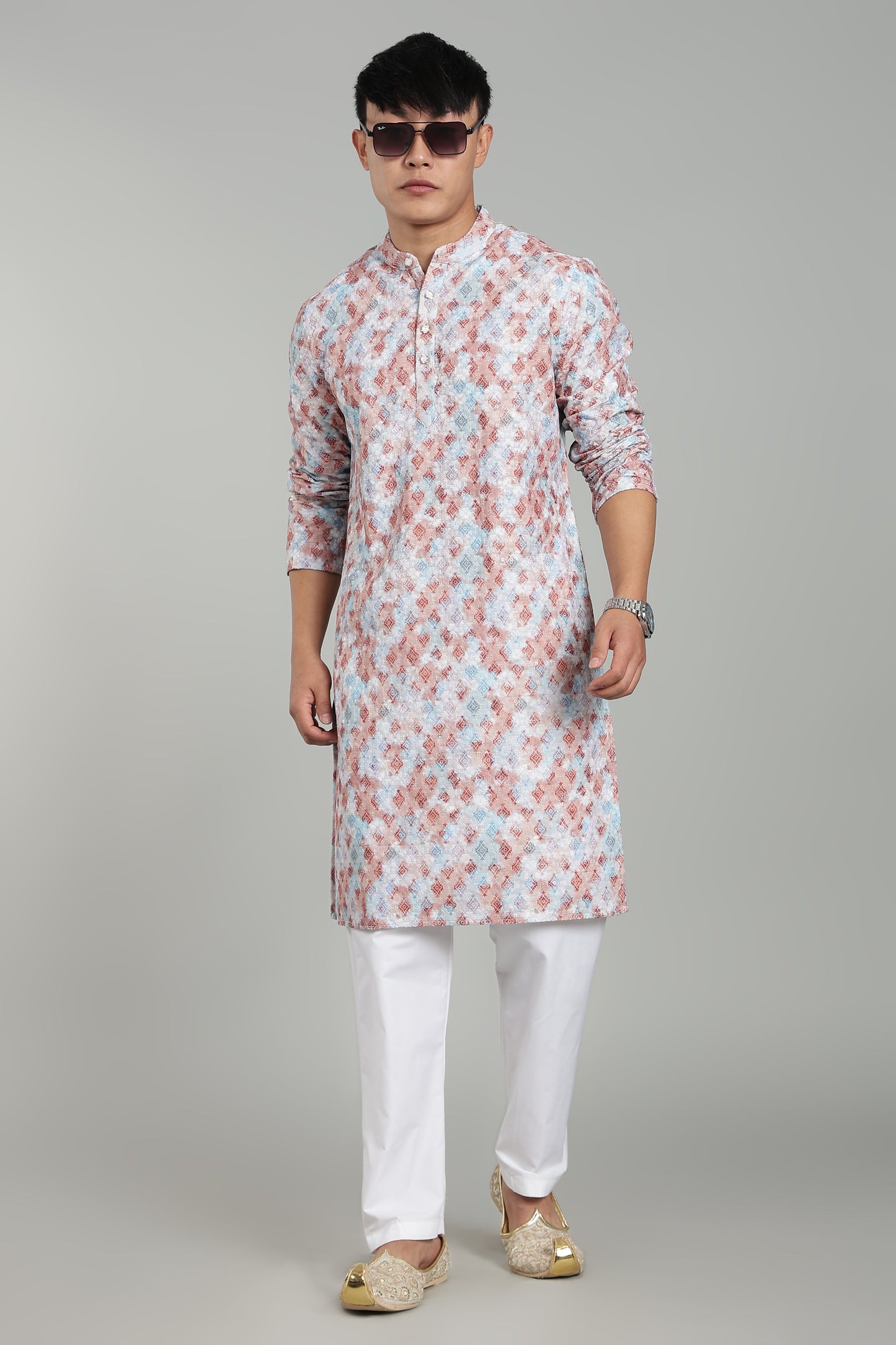 Men’s Brown Geometric Printed Textured Kurta