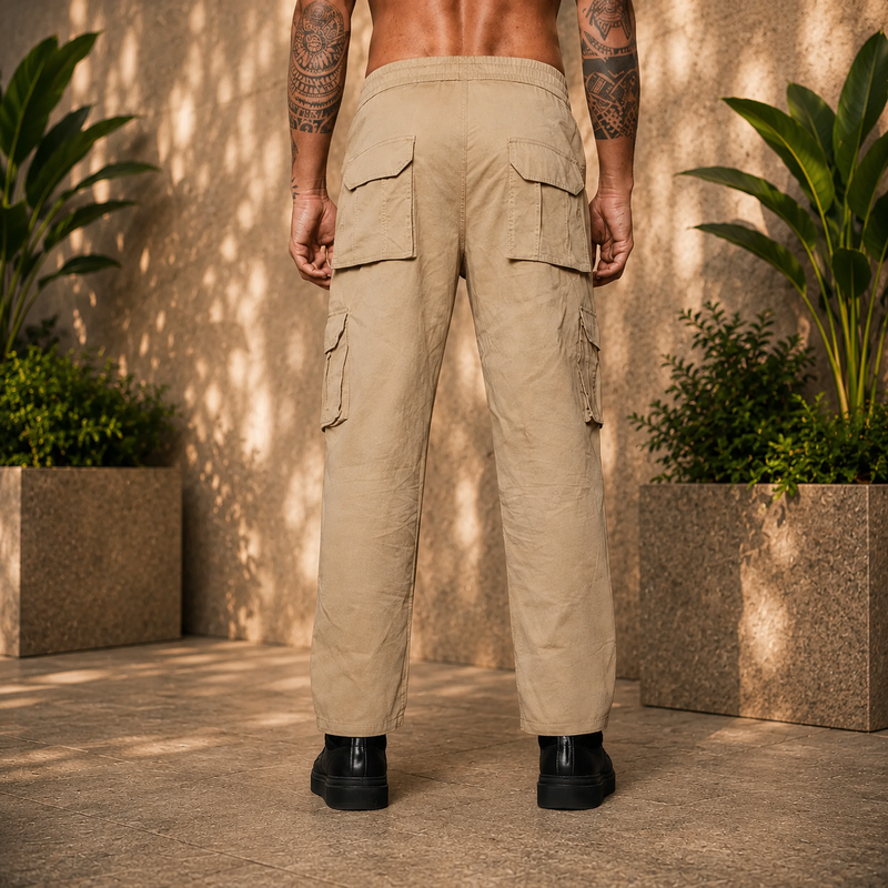 Men’s Beige Utility Cargo Pants – Relaxed Fit Streetwear Trousers
