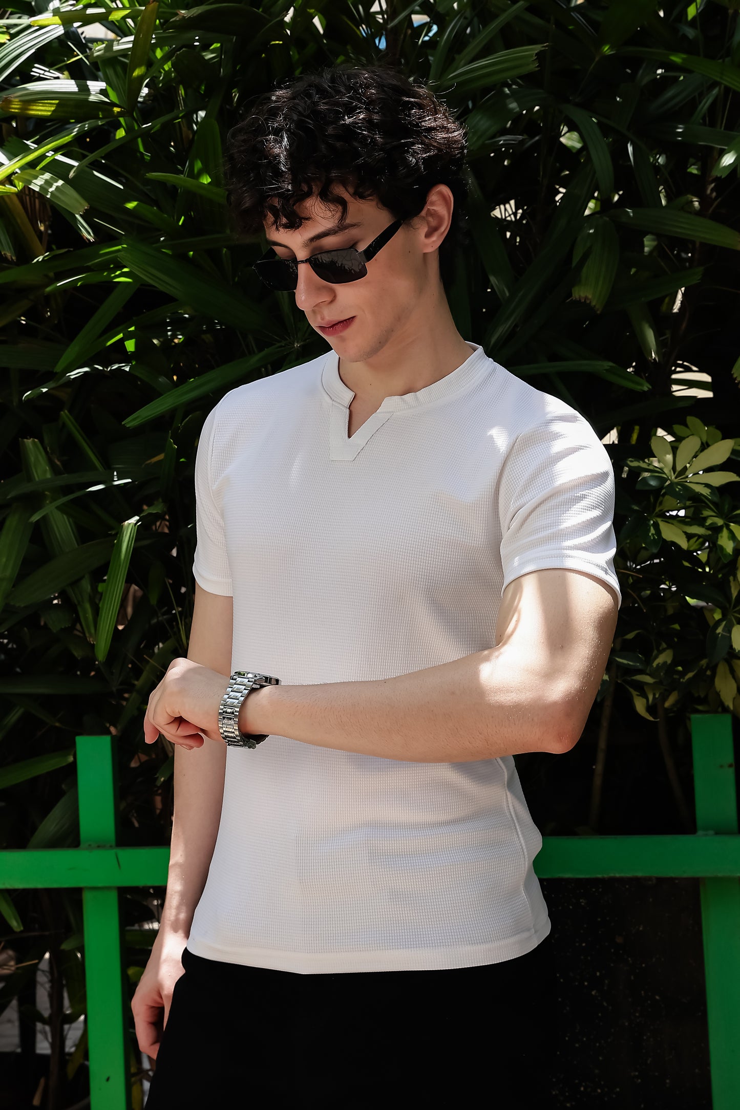 Men's White Waffle Knit V-Notch Neck T-Shirt
