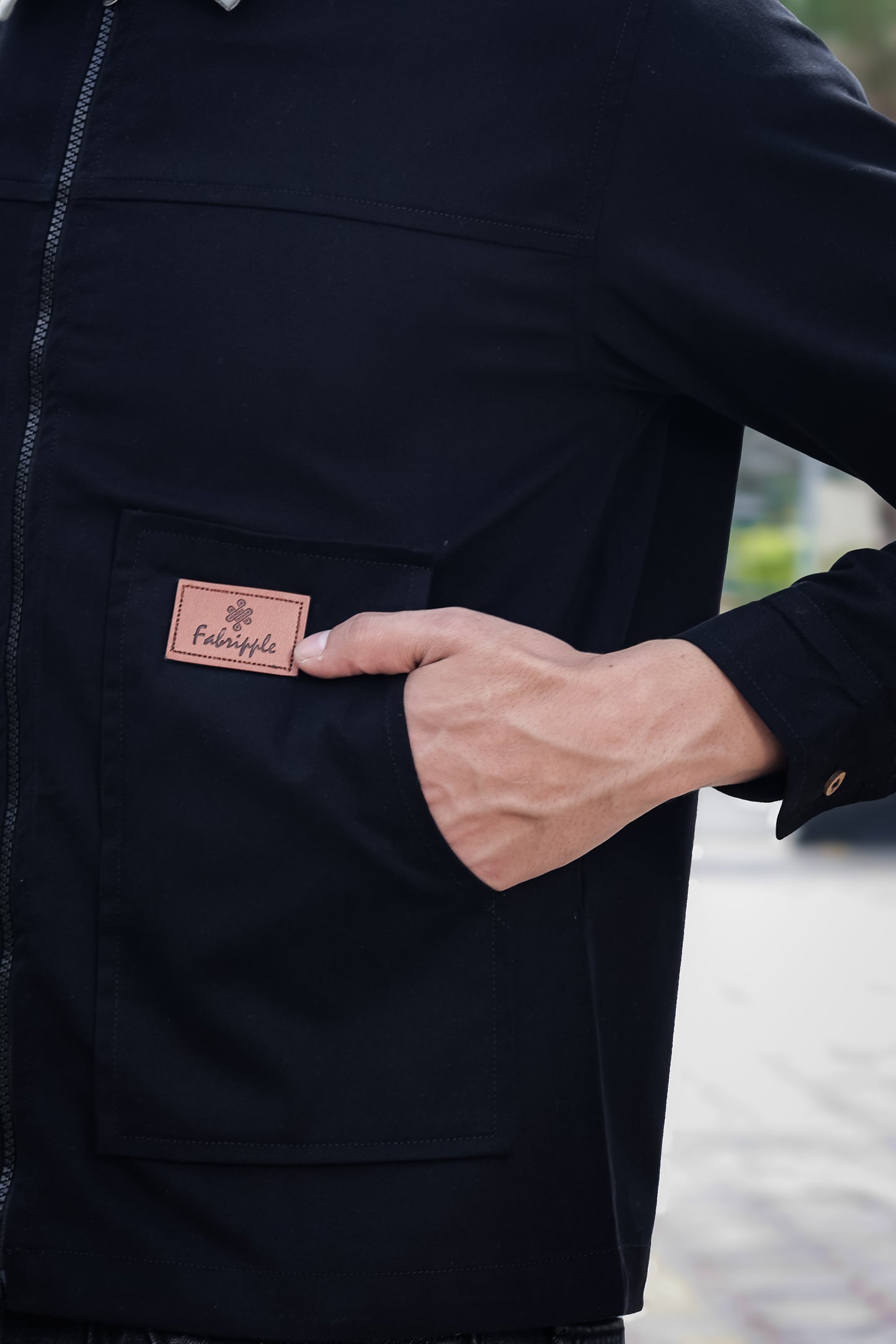 Men's Black Full Sleeve Zip-Up Jacket Shirt – Contrast Grey Collar