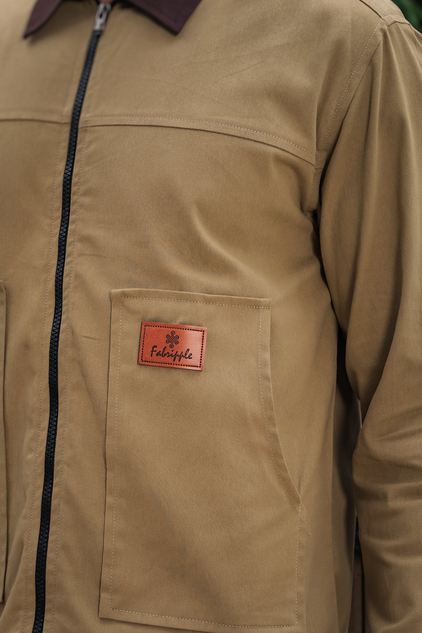 Men's Khaki Full Sleeve Zip-Up Jacket Shirt – Contrast Collar