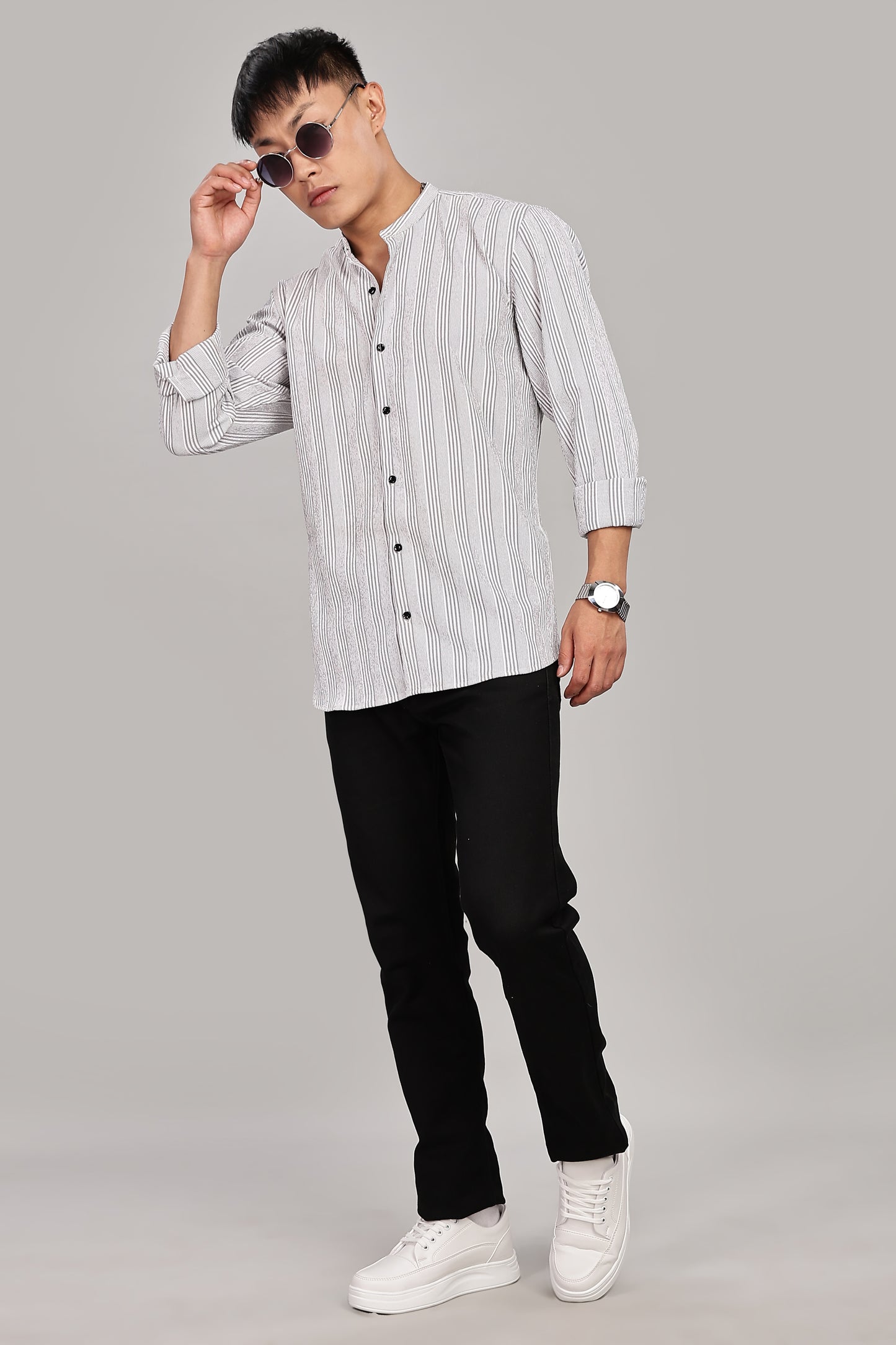 Men's Trendy Long Sleeve Striped Shirt(Grey)