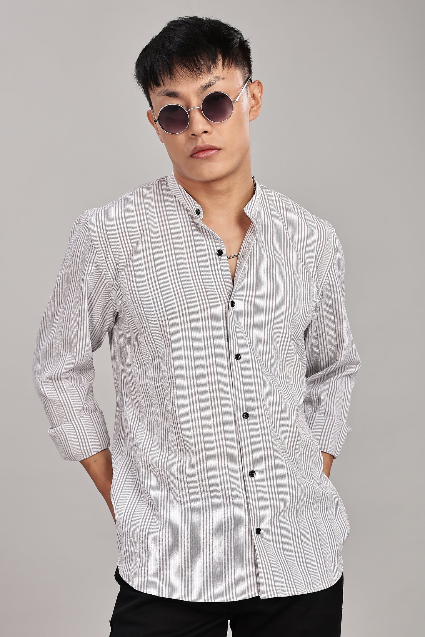 Men's Trendy Long Sleeve Striped Shirt(Grey)