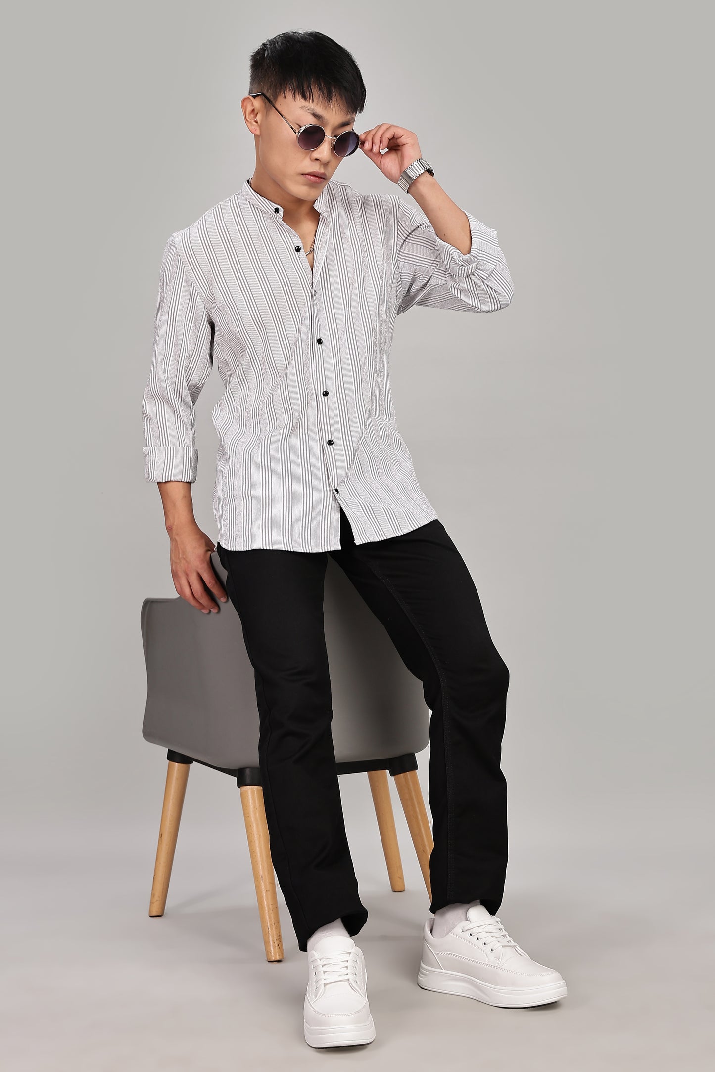 Men's Trendy Long Sleeve Striped Shirt(Grey)