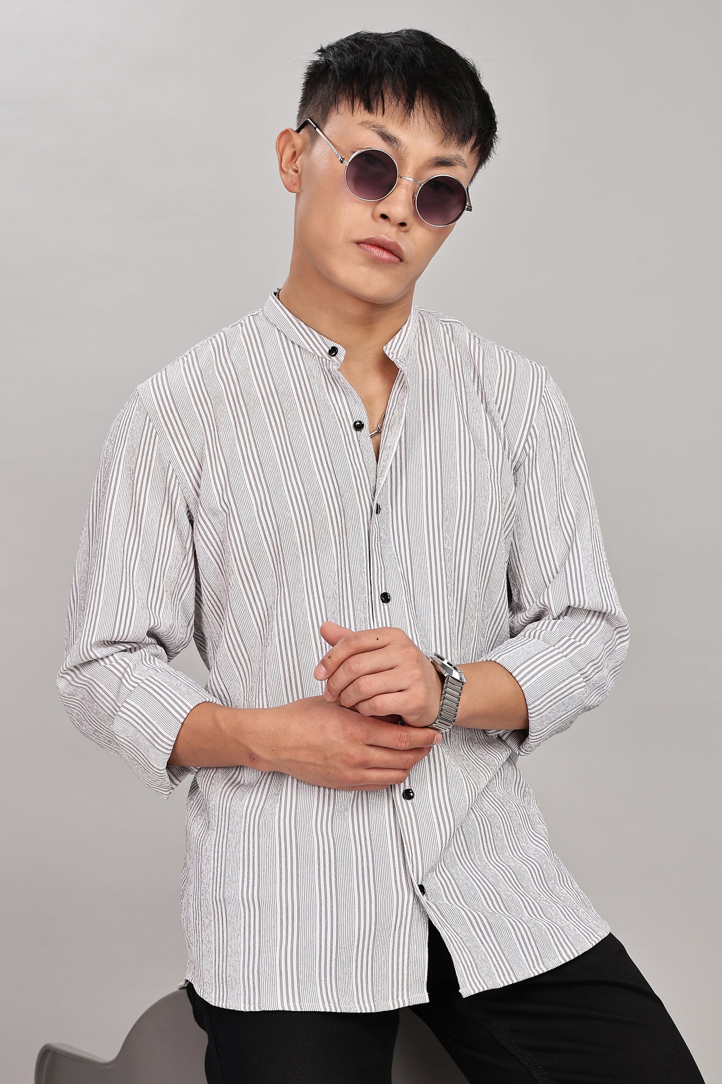 Men's Trendy Long Sleeve Striped Shirt(Grey)