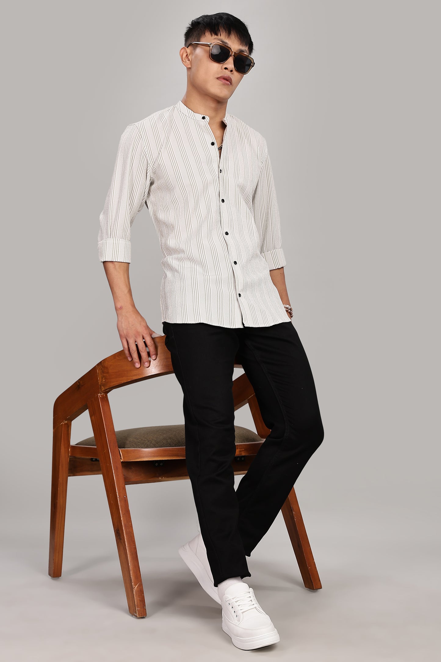 Men's Trendy Long Sleeve Striped Shirt(OFF-WHITE)