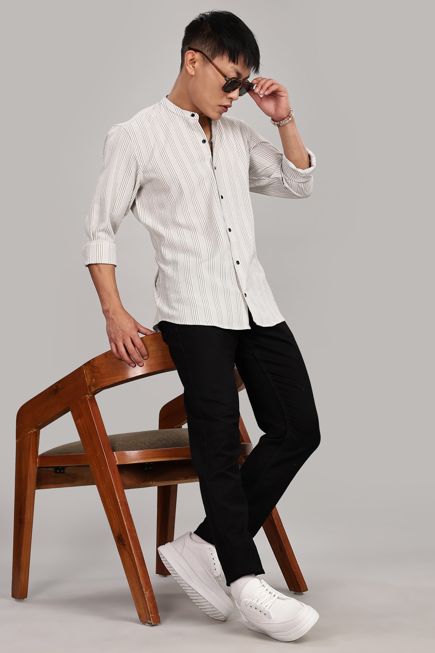 Men's Trendy Long Sleeve Striped Shirt(OFF-WHITE)