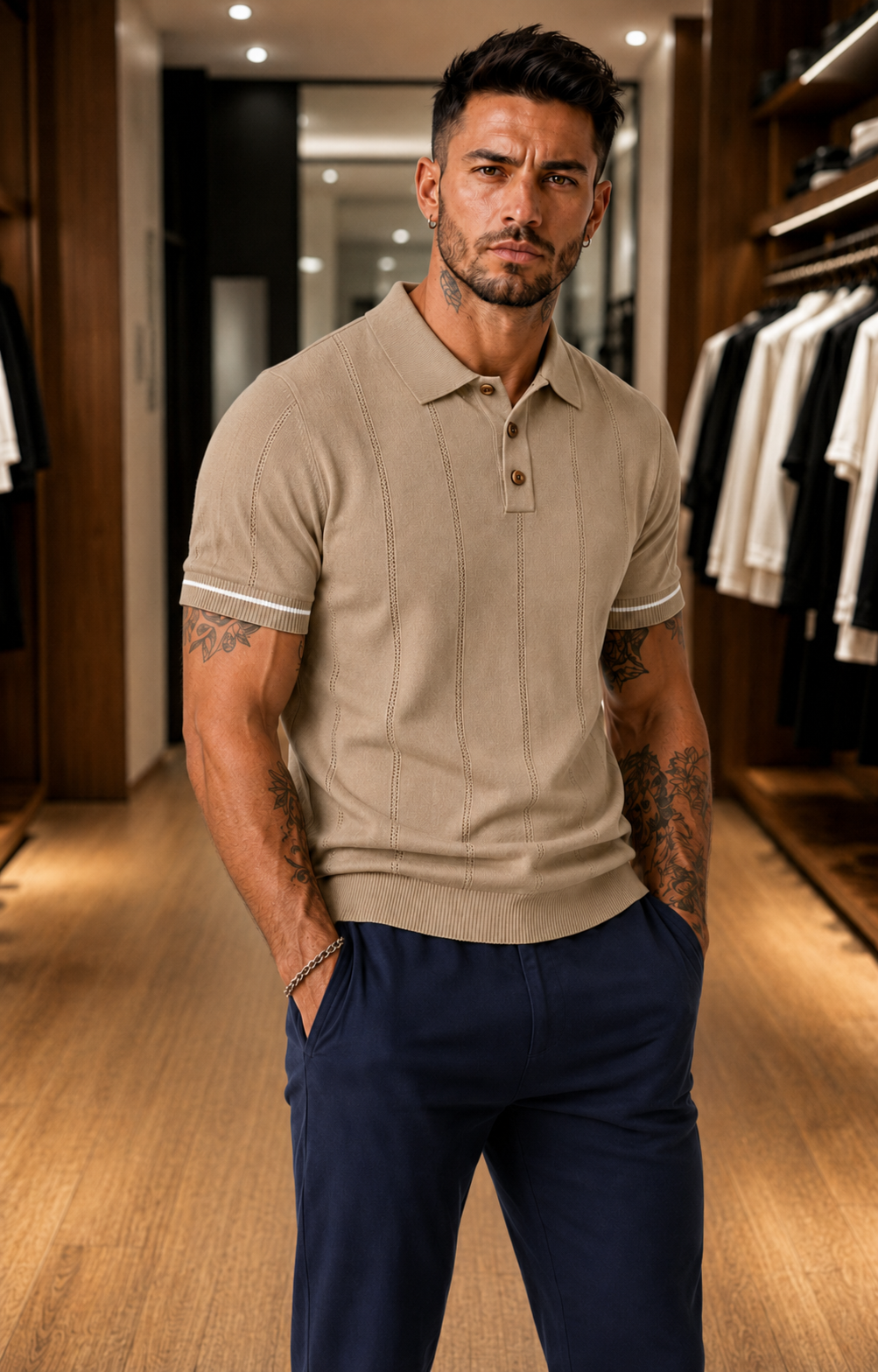 Men's Beige Textured Knitted Polo T-Shirt