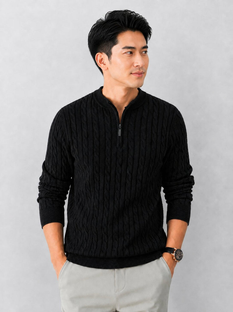 Men’s Black Cable Knit Half Zip Sweater
