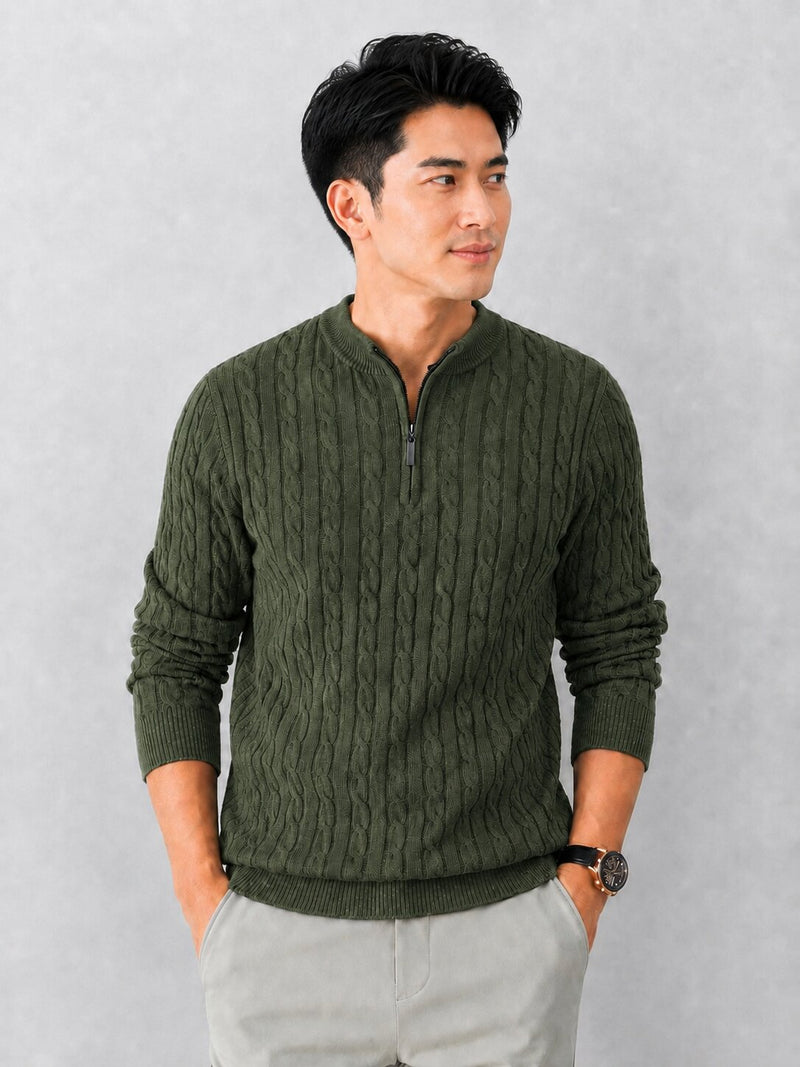 Men’s Green Cable Knit Half Zip Sweater