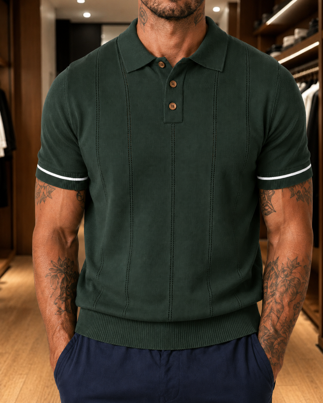 FABRIPPLE Men's Green Textured Knitted Polo T-Shirt