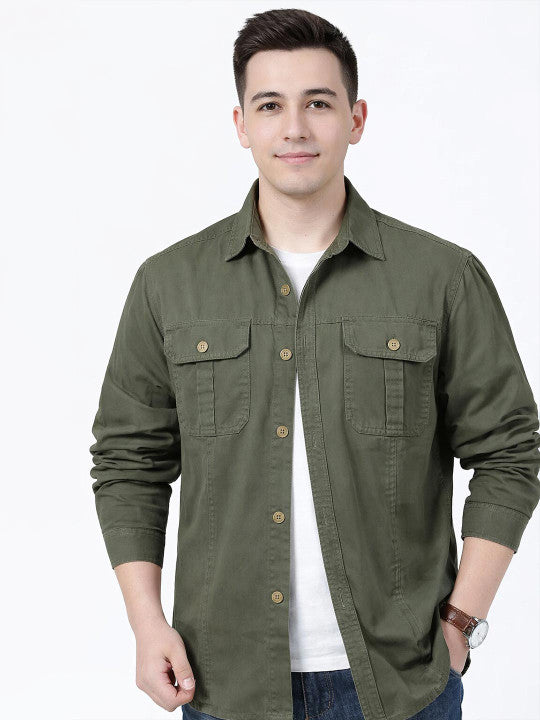 Men’s Green Utility Casual Shirt – Premium Full Sleeve Cotton Blend Shirt