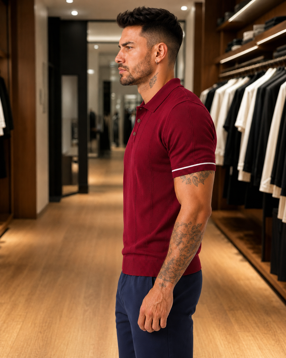 Men's Maroon Textured Knitted Polo T-Shirt