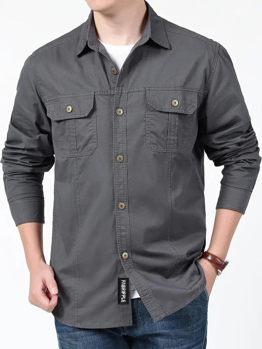 Men’s Dark Grey Utility Casual Shirt – Premium Full Sleeve Relaxed Fit Shirt
