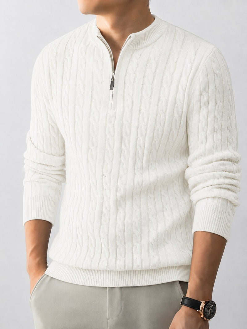 Men’s White Cable Knit Half Zip Sweater