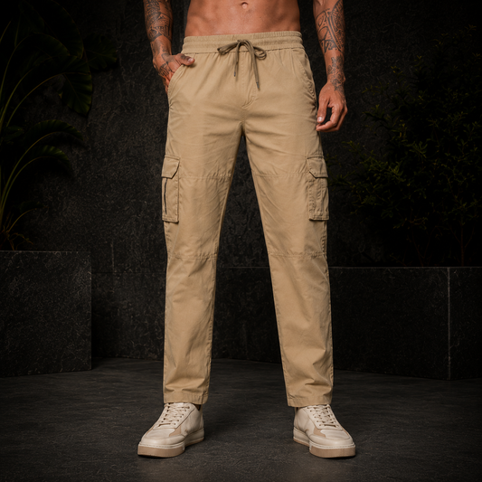 Men’s Beige Cargo Pants – Relaxed Fit Utility Streetwear Trousers