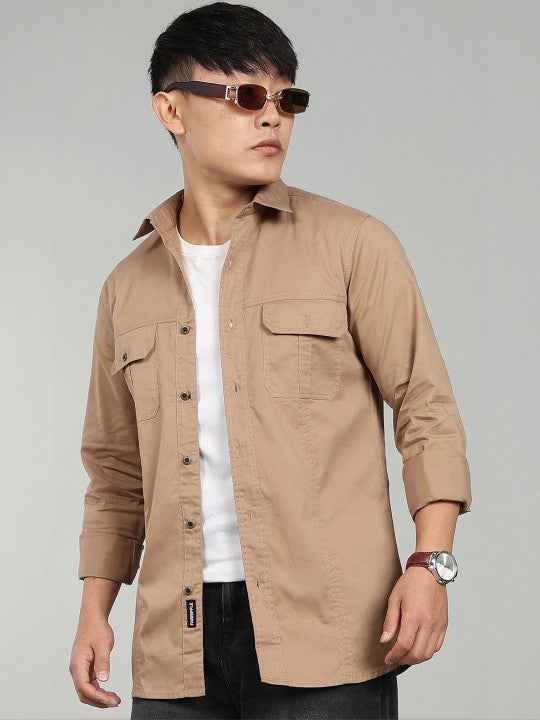 Men’s Khaki Utility Casual Shirt – Premium Full Sleeve Cotton Blend Shirt