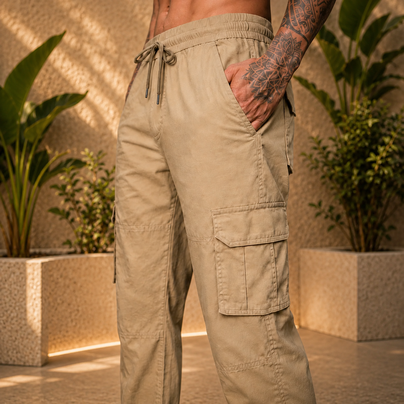 Men’s Beige Cargo Pants – Relaxed Fit Utility Streetwear Trousers