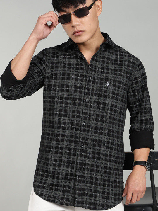 Men’s Elegant Black Checked Casual Shirt – Premium Plaid Full Sleeve Shirt