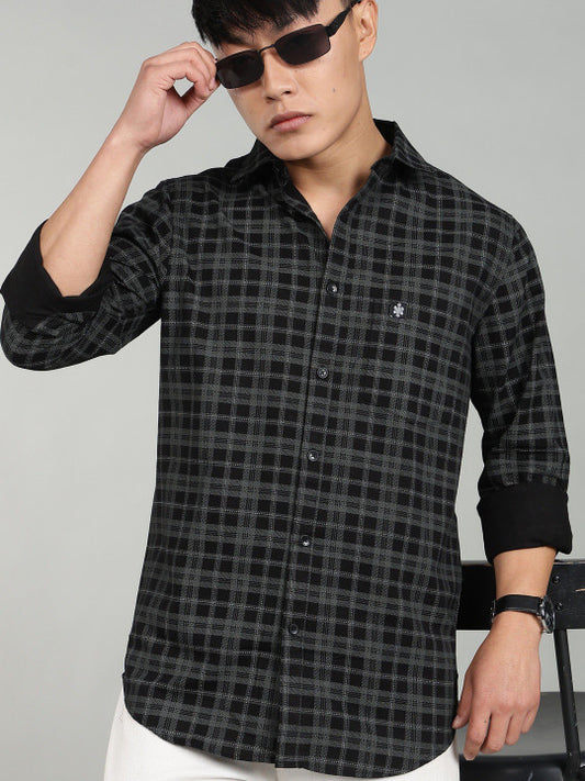 Men’s Elegant Black Checked Casual Shirt – Premium Plaid Full Sleeve Shirt