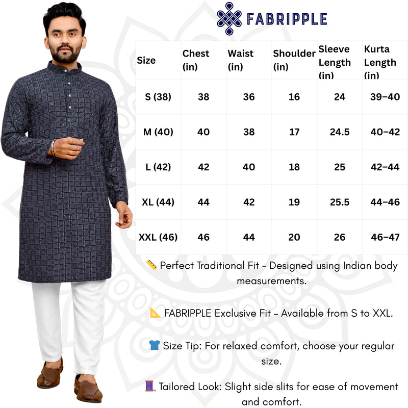 Men's Printed Long Kurta with Mandarin Collar{BLACK}| Stylish Kurta for Men | Full Sleeve Traditional Ethnic Kurta