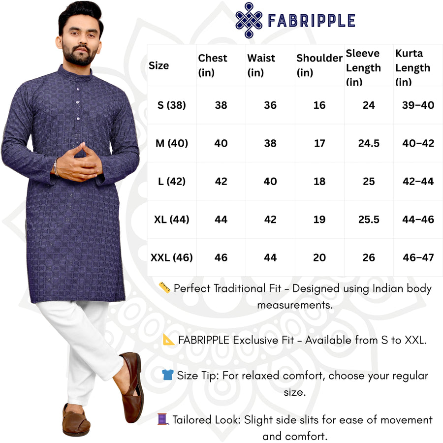 Men's Printed Long Kurta with Mandarin Collar{BLUE}| Stylish Kurta for Men | Full Sleeve Traditional Ethnic Kurta