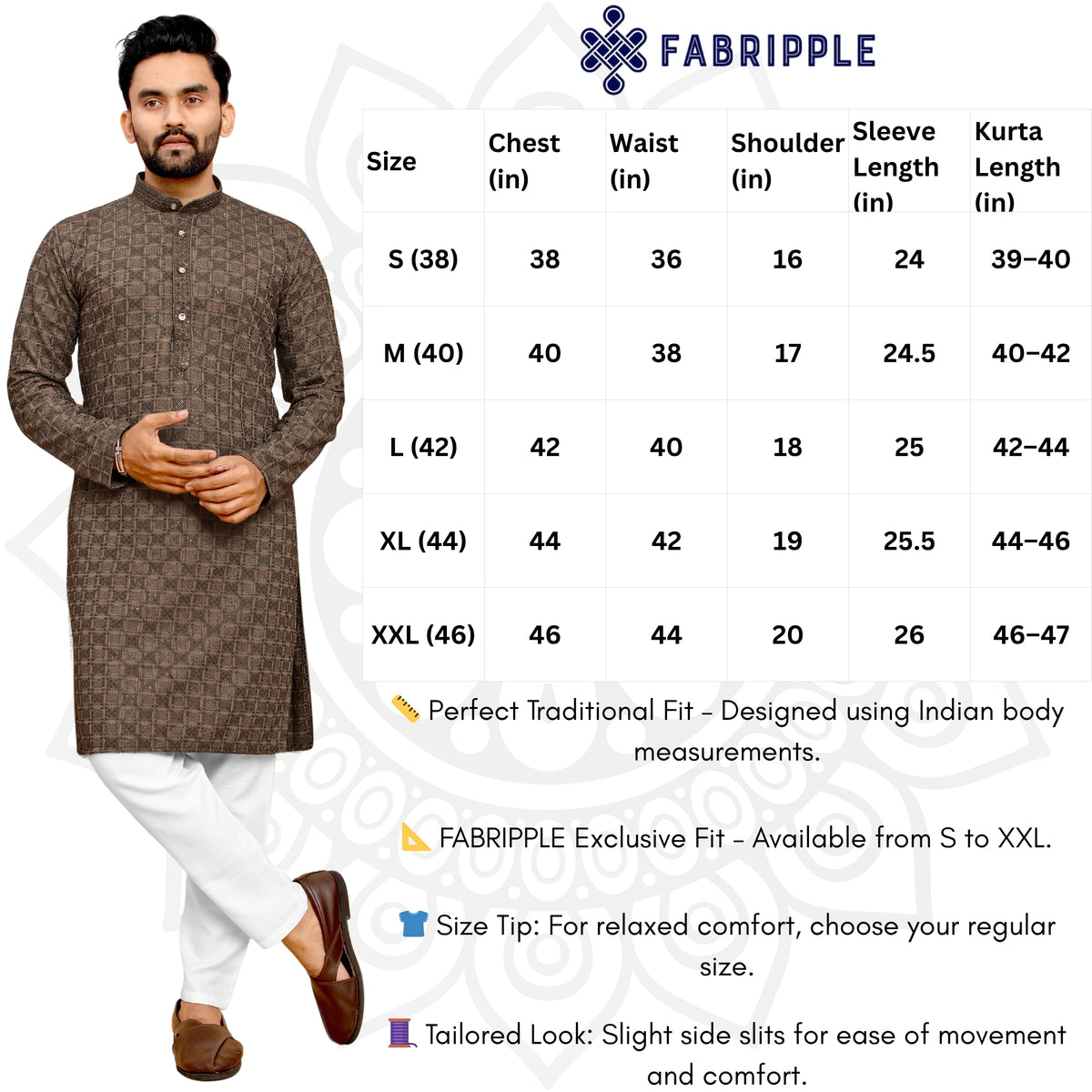 Men's Printed Long Kurta with Mandarin Collar{BROWN}| Stylish Kurta for Men | Full Sleeve Traditional Ethnic Kurta