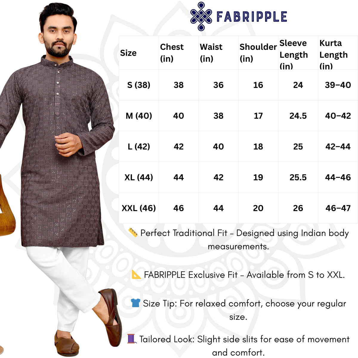Men's Printed Long Kurta with Mandarin Collar{COFFEE}| Stylish Kurta for Men | Full Sleeve Traditional Ethnic Kurta