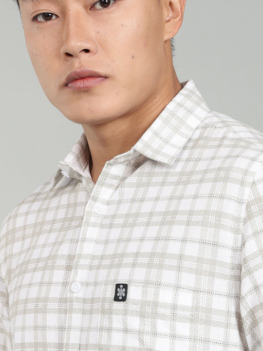 Men’s Elegant White Checked Casual Shirt – Premium Plaid Full Sleeve Shirt