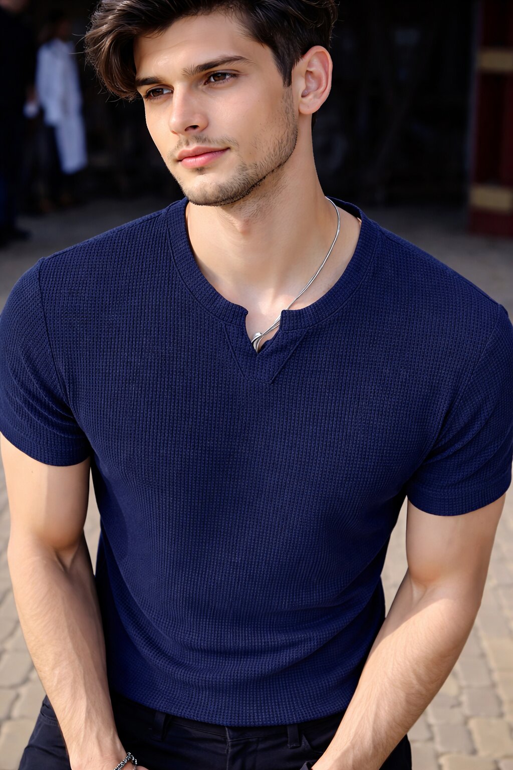 Men Solid V Neck Polyester T-Shirt