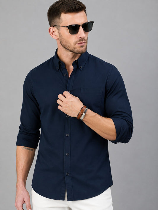 Men’s Navy Blue Solid Full Sleeve Button Down Casual Shirt