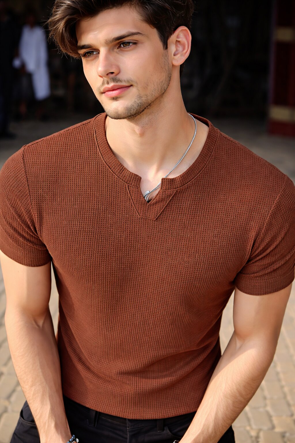 Men Solid V Neck Polyester T-Shirt