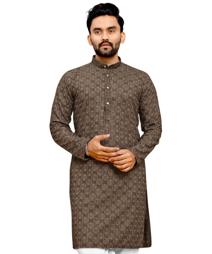 Men's Printed Long Kurta with Mandarin Collar{BROWN}| Stylish Kurta for Men | Full Sleeve Traditional Ethnic Kurta