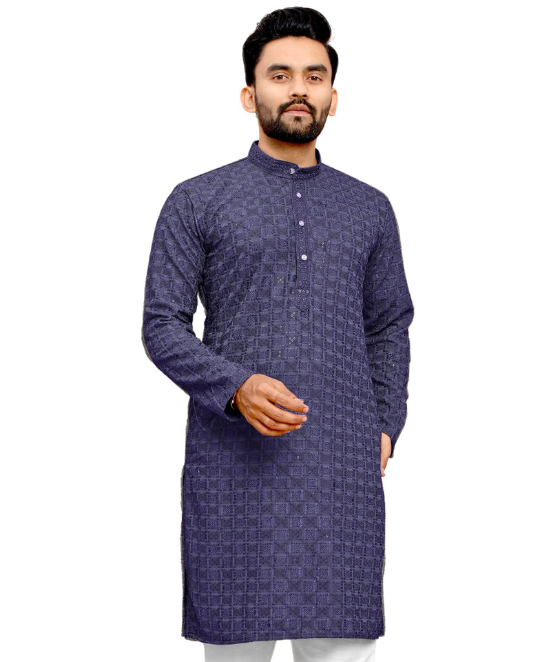 Men's Printed Long Kurta with Mandarin Collar{BLUE}| Stylish Kurta for Men | Full Sleeve Traditional Ethnic Kurta