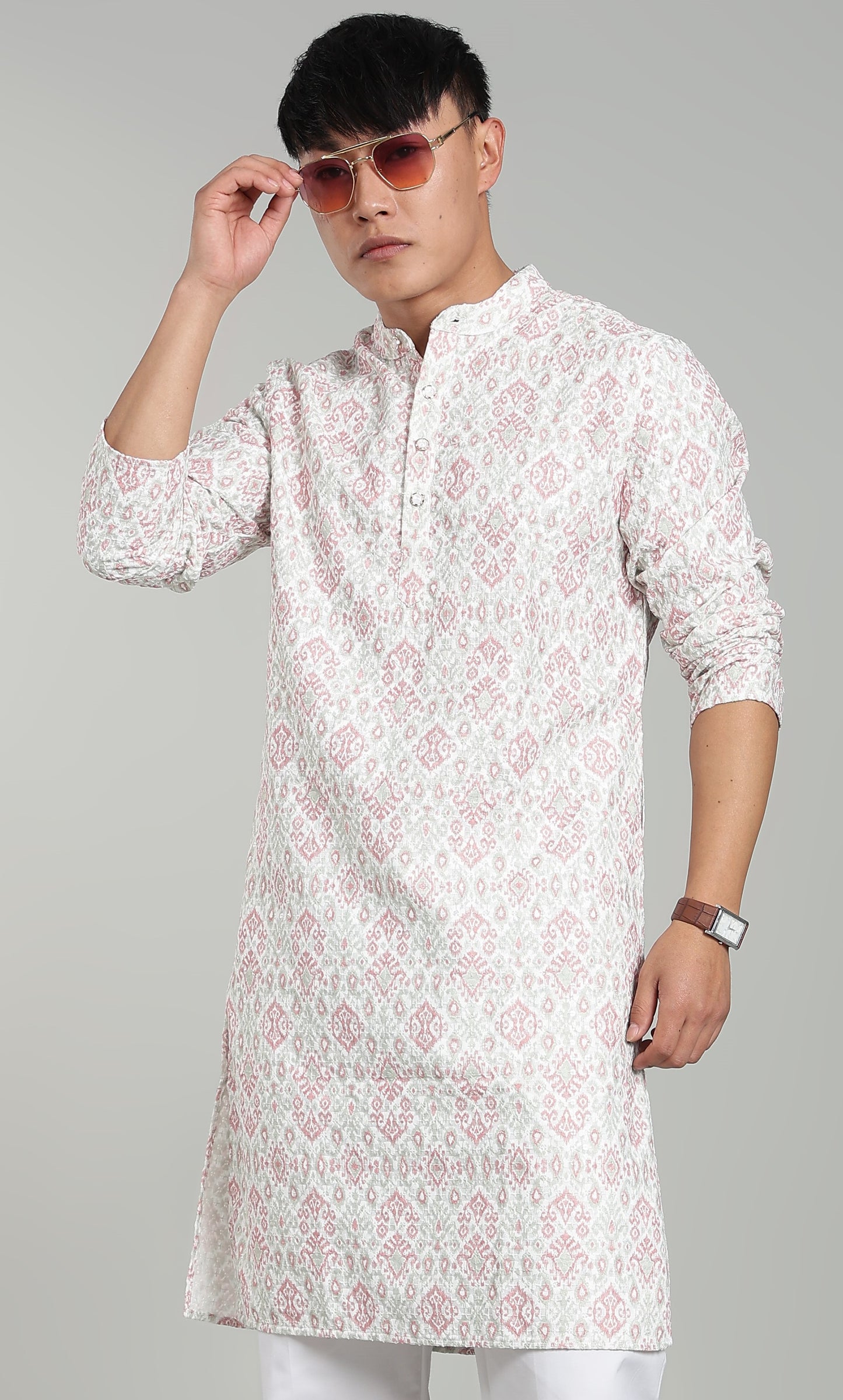 Men’s Brown Geometric Printed Textured Kurta