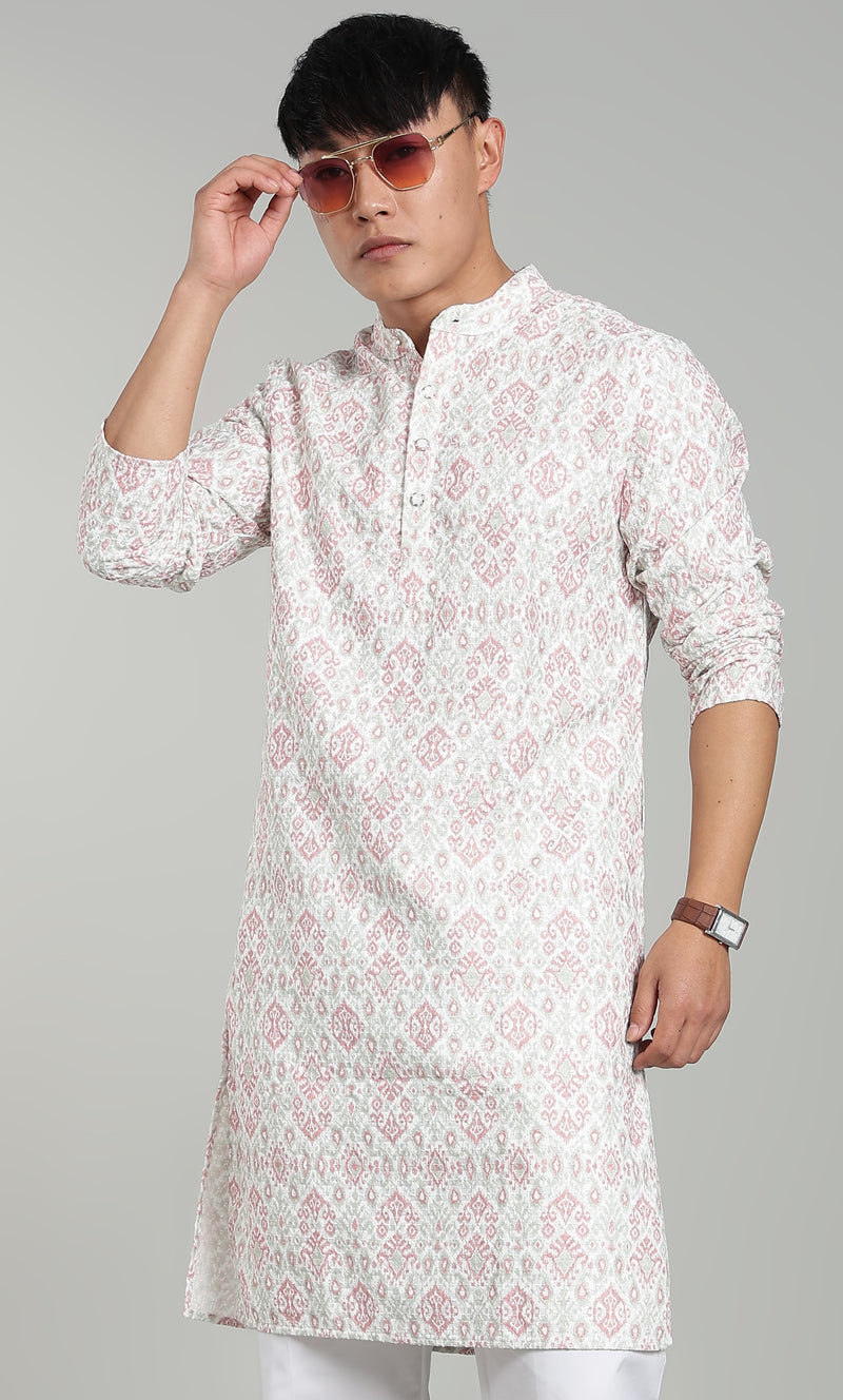 Men’s Rani Pink Ethnic Printed Textured Kurta