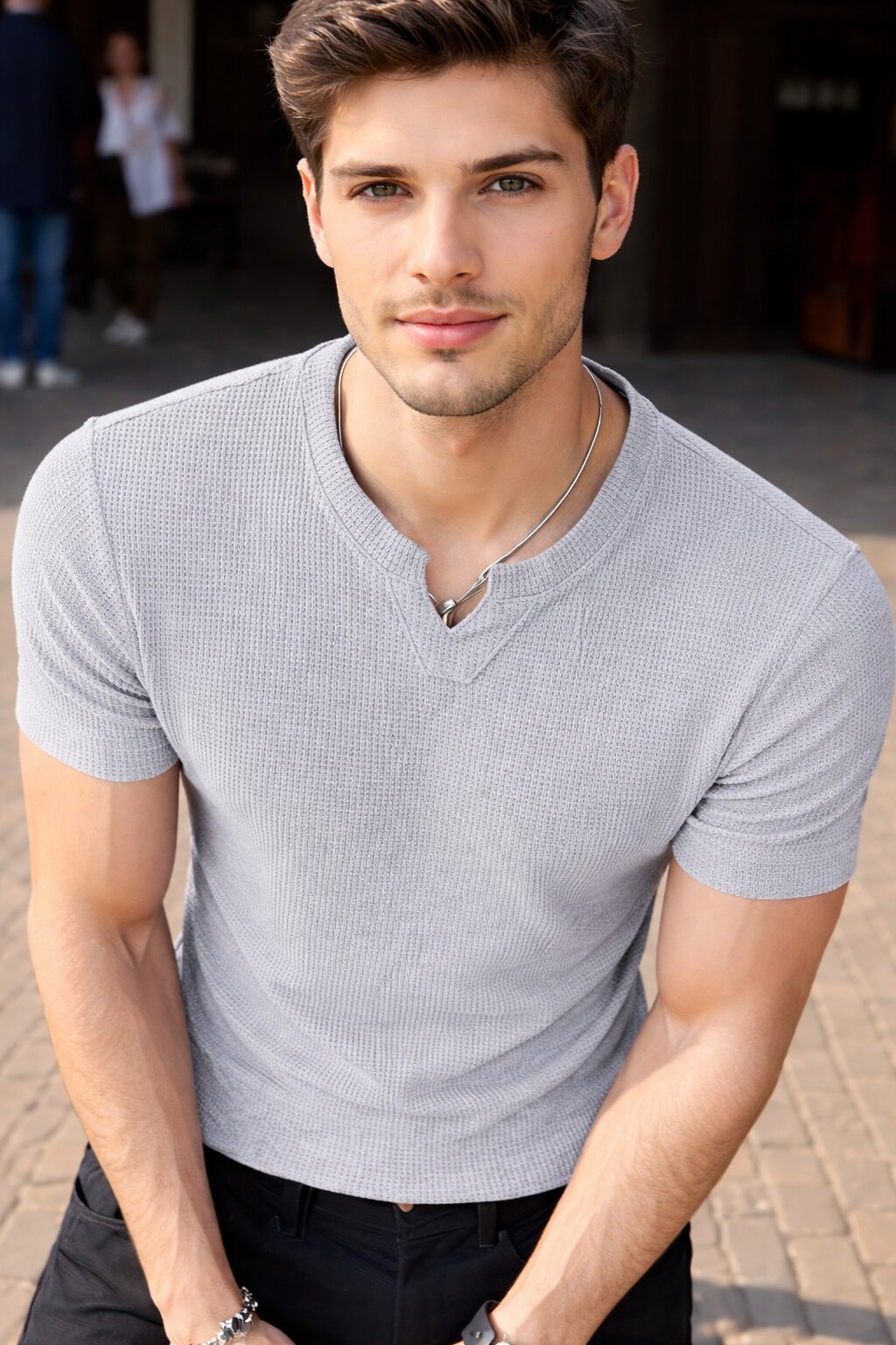 Men Solid V Neck Polyester T-Shirt