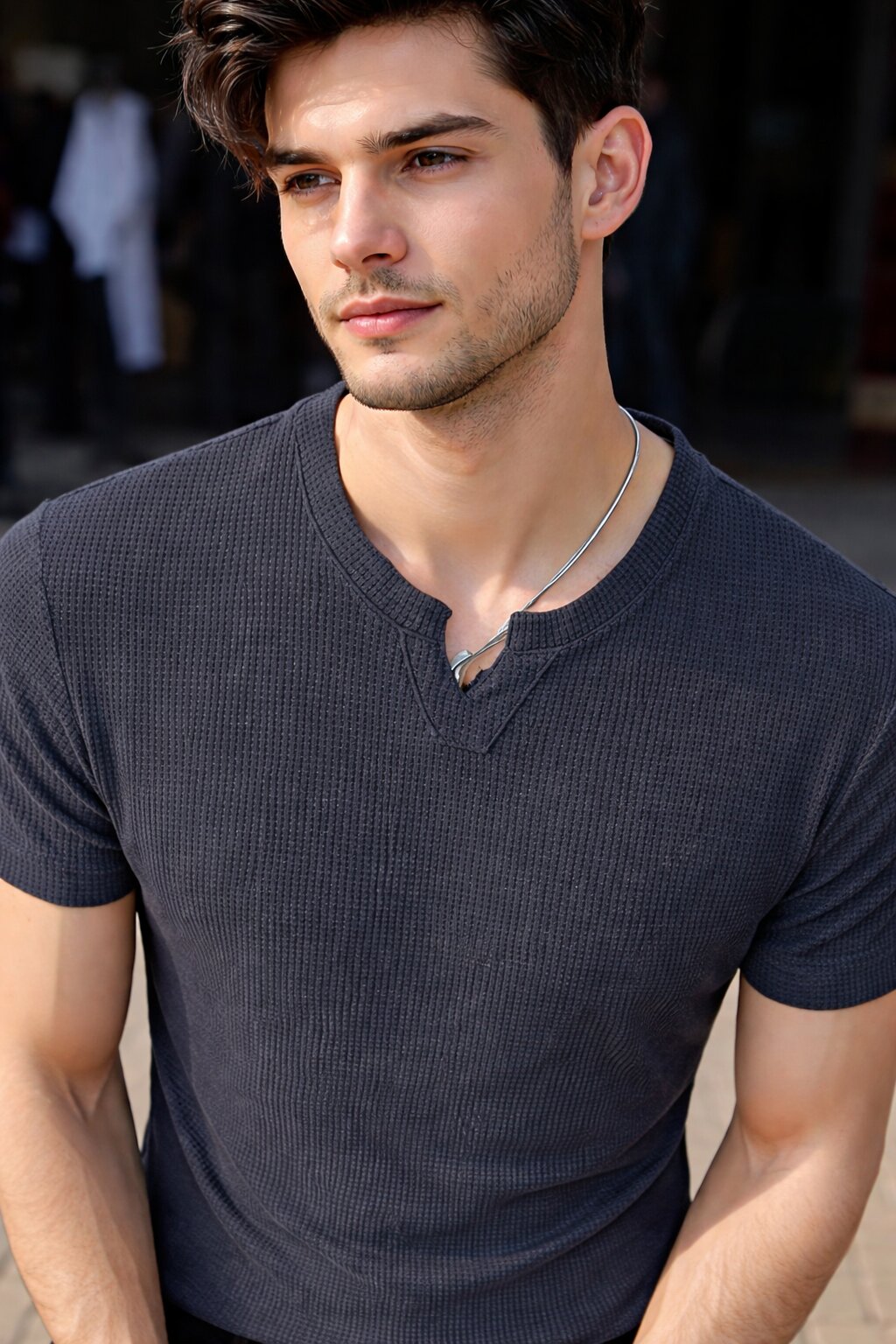 Men Solid V Neck Polyester T-Shirt