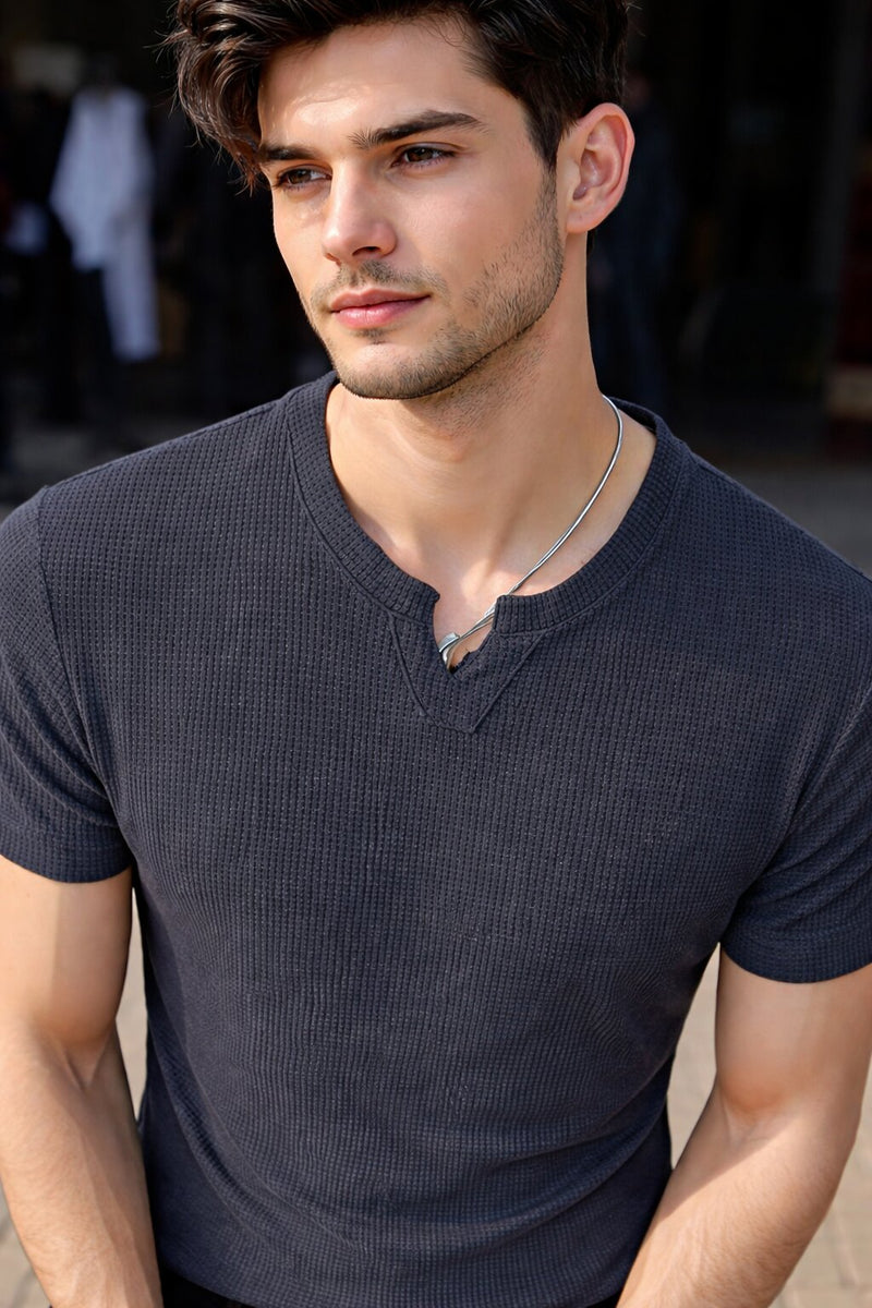 Men Solid V Neck Polyester T-Shirt