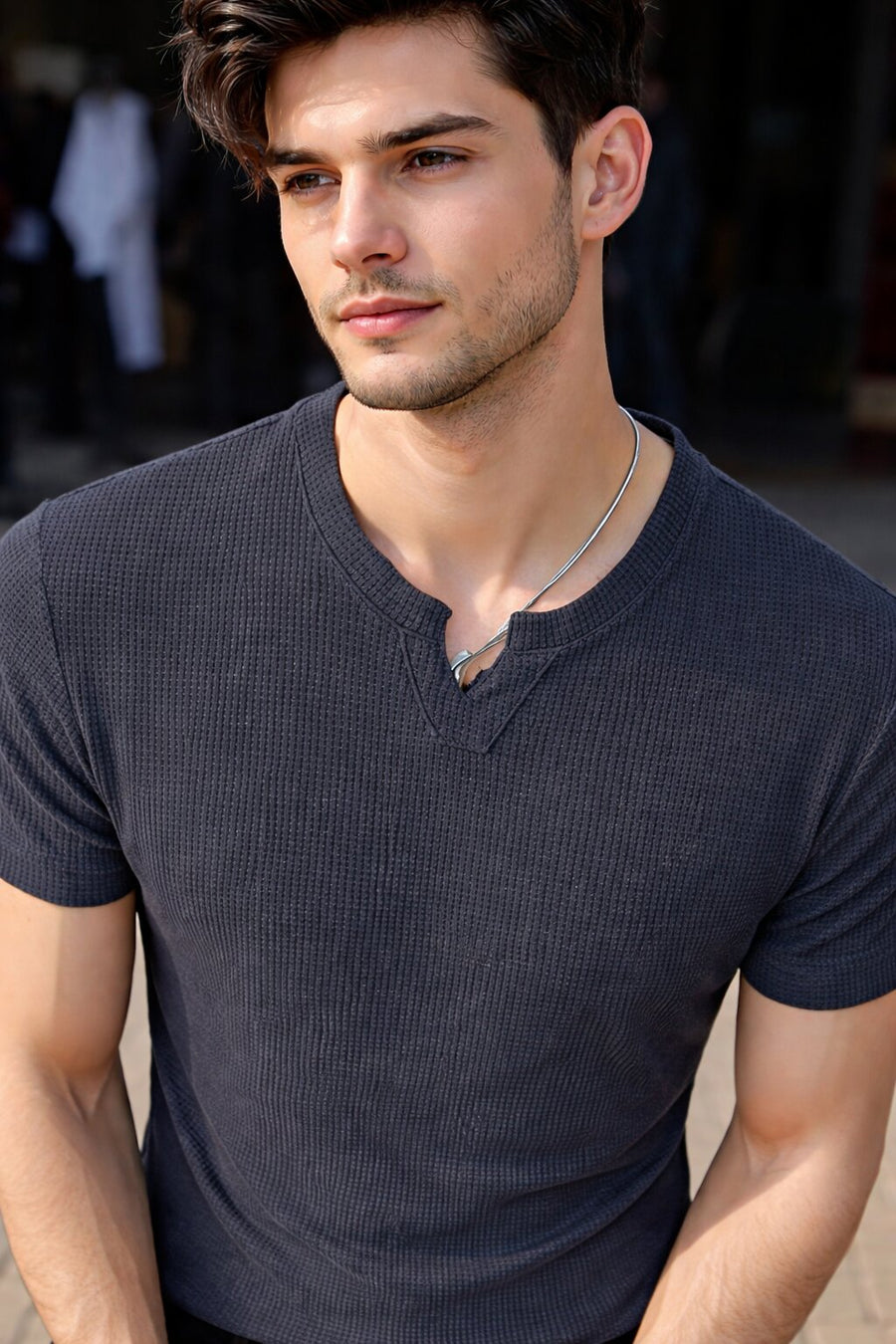 Men Solid V Neck Polyester T-Shirt