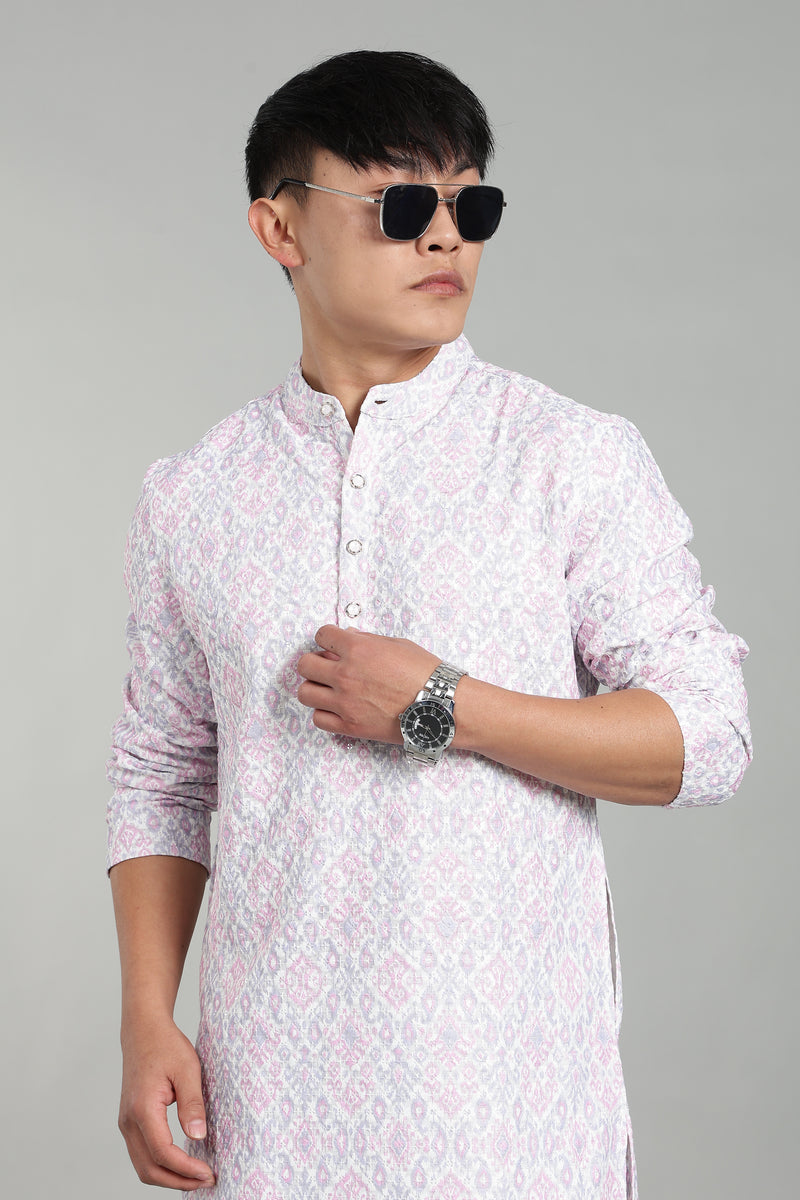 Men’s Sea Blue Ethnic Printed Textured Kurta