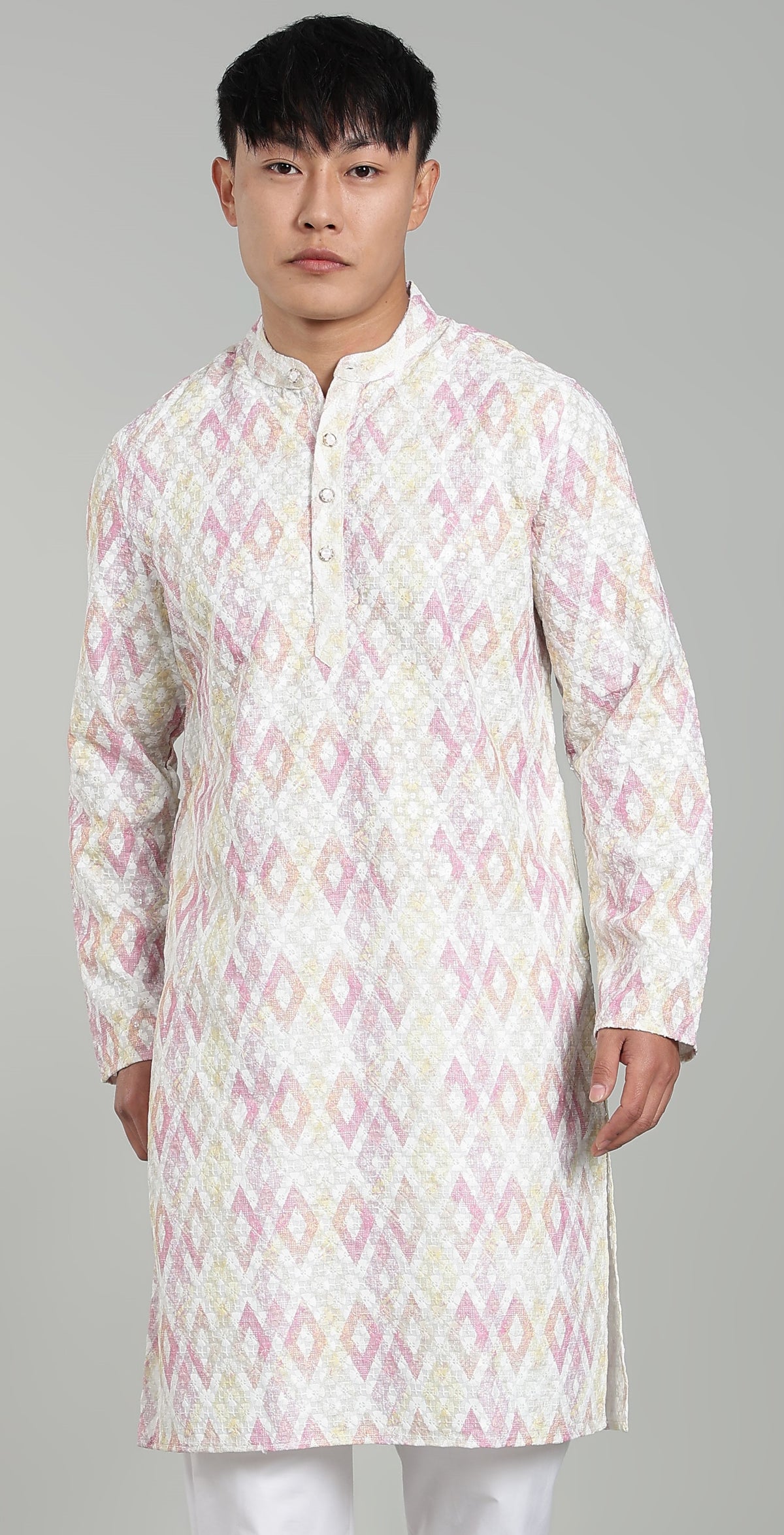 Men’s Rani Pink Ethnic Printed Textured Kurta